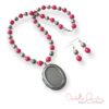 Pink Glass, Clear Glass and Pewter Locket Necklace & Earrings