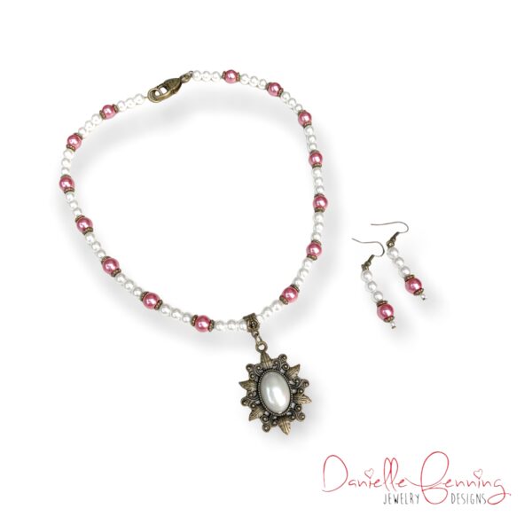 Pink and White Pearl Bronze Flower Necklace and Earrings Set