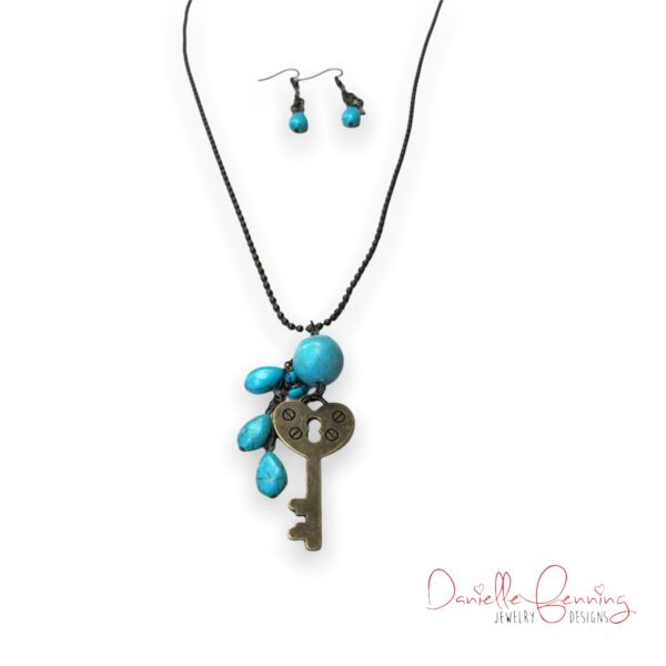 Bronze Key Necklace and Earrings Set with Turquoise