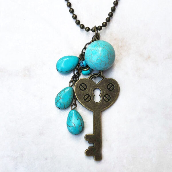 Bronze Key Necklace and Earrings Set with Turquoise - Image 2