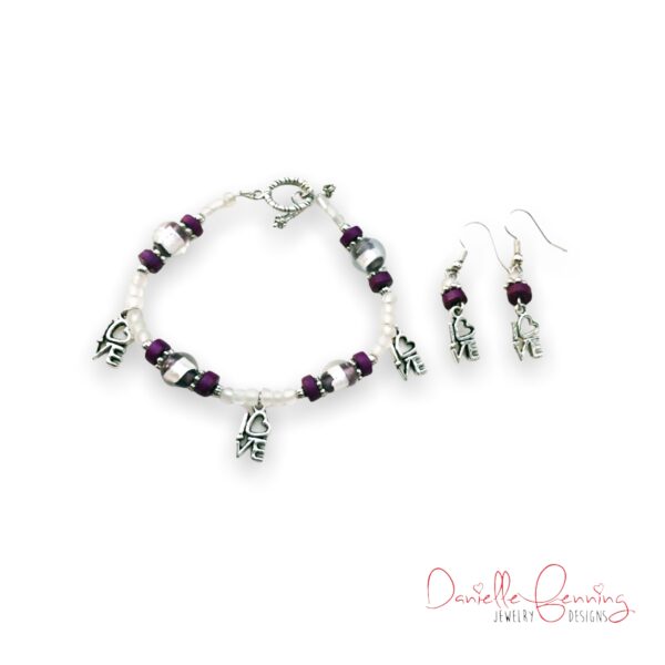 Purple Turquoise and Clear Love Bracelet and Earrings Set