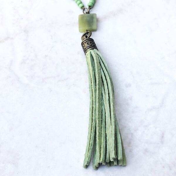 Green Suede and Bronze Tassel Necklace and Earrings Set - Image 6