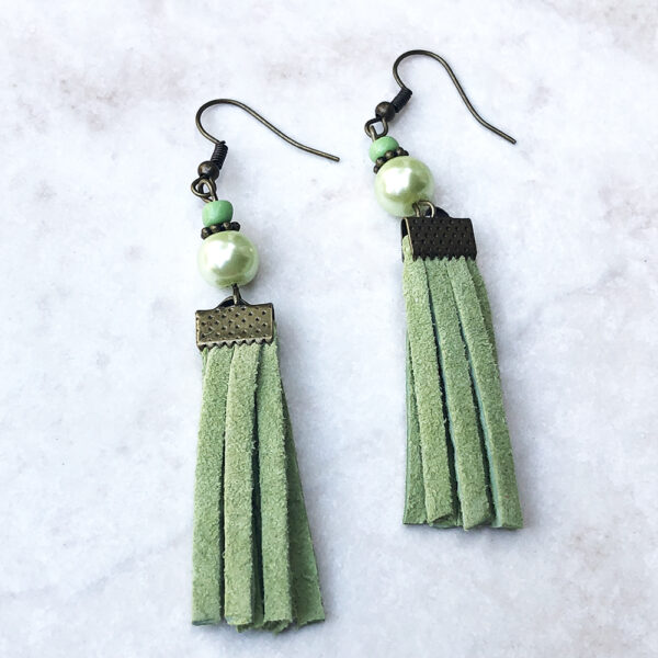 Green Suede and Bronze Tassel Necklace and Earrings Set - Image 4