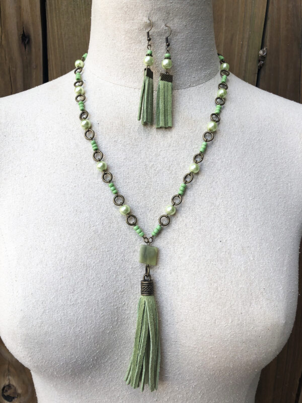 Green Suede and Bronze Tassel Necklace and Earrings Set - Image 3