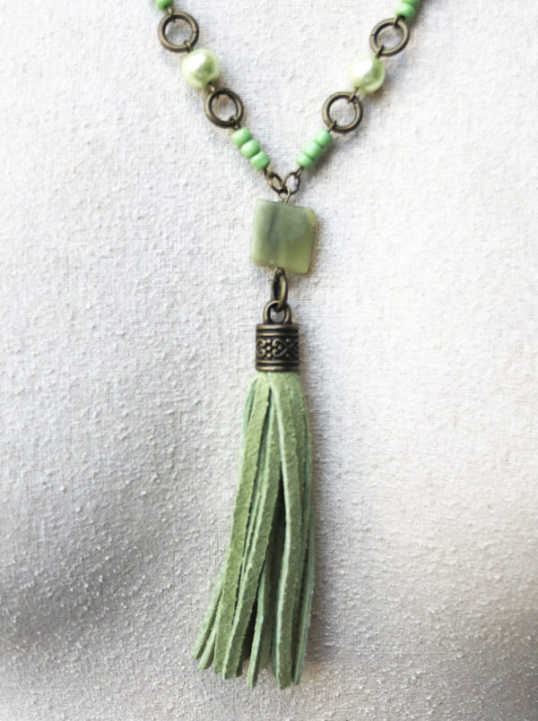 Green Suede and Bronze Tassel Necklace and Earrings Set - Image 2