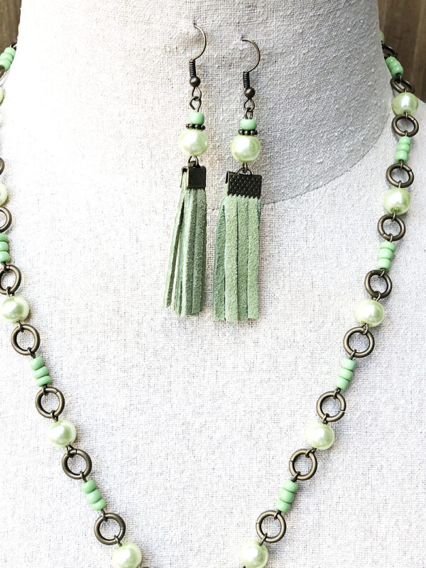 Green Suede and Bronze Tassel Necklace and Earrings Set - Image 7