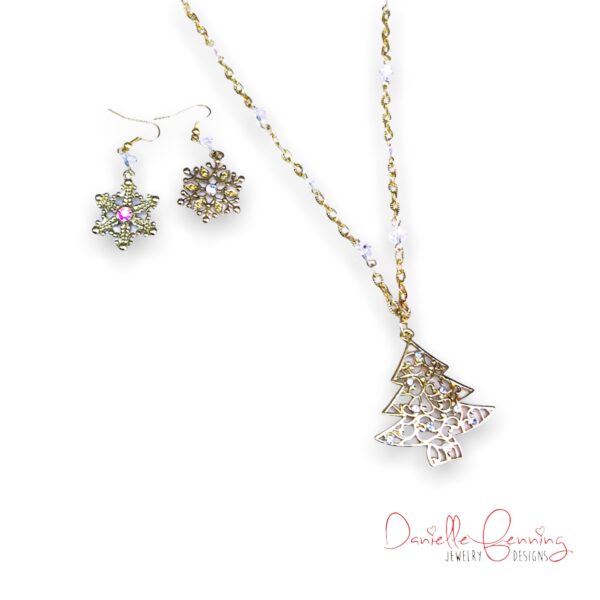 Gold and Crystal Christmas Tree and Snowflake Necklace and Earrings Set