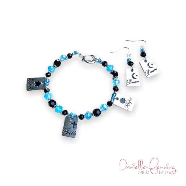 Turquoise and Black Hope, Faith, Dream, Wish Bracelet and Earrings Set