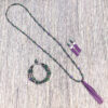 Green and Fuchsia Suede Tassel Long Necklace, Multi-Strand Bracelet & Earrings Set