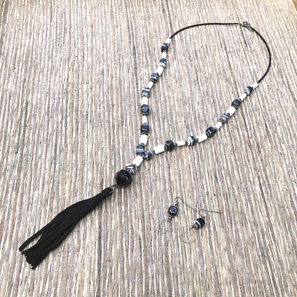 Black and White Suede Tassel Necklace and Earrings Set