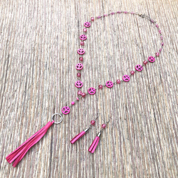 Hot Pink Turquoise Howlite Peace Leather Tassel Necklace and Earrings Set