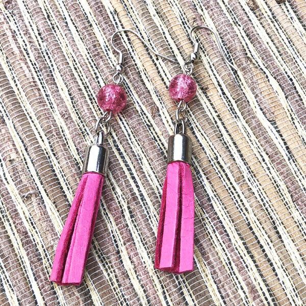 Hot Pink Turquoise Howlite Peace Leather Tassel Necklace and Earrings Set - Image 2