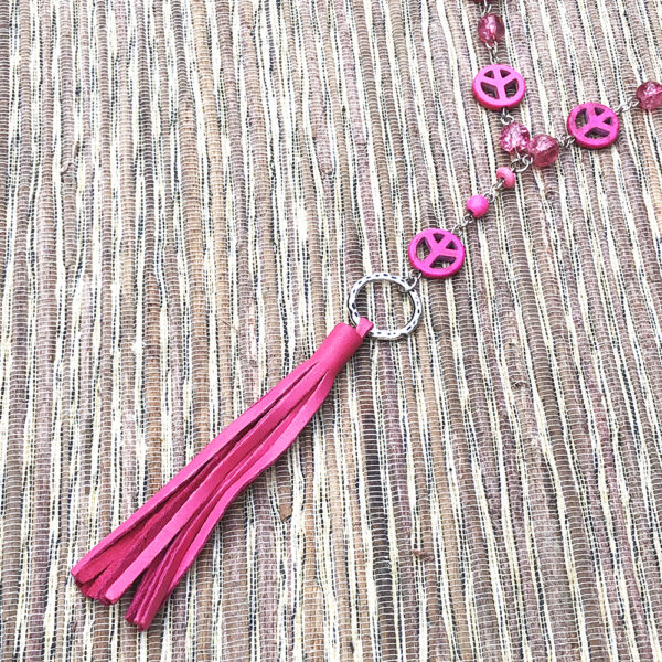 Hot Pink Turquoise Howlite Peace Leather Tassel Necklace and Earrings Set - Image 4