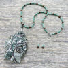 Green Jade and Brown Glass Scarf Tassel Necklace and Earrings Set