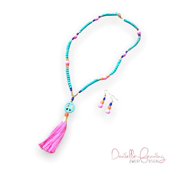 Blue, Pink and Orange Turquoise Peace Tassel Necklace and Earrings Set