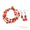 Orange and Red Wood, Glass and Red Jasper Quadruple Strand Bracelet & Earrings Set