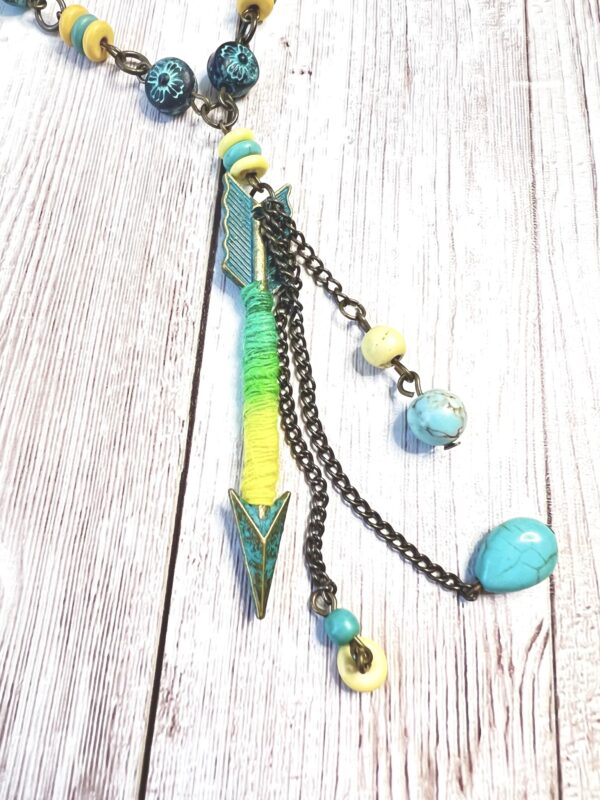 Yellow and Teal Turquoise Howlite Bronze Patina Arrow Lariat Necklace and Earrings Set - Image 3