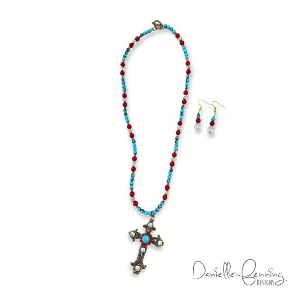 Red glass and Blue Turquoise Howlite, Crystal Cross Necklace and Earrings Set