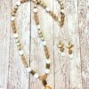 White Shell, Frosted Peach Glass and Druzy Gold Tone Necklace and Earrings Set - Image 4