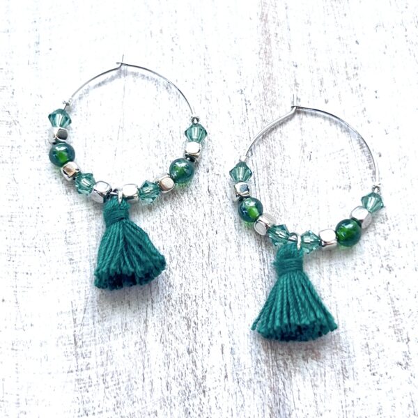 Hunter Green Glass & Tassel Silver Tone Hoop Earrings