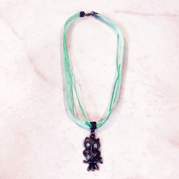 Triple Strand Seafoam Green Satin Ribbon and Iridescent Green String Bronze Owl Necklace