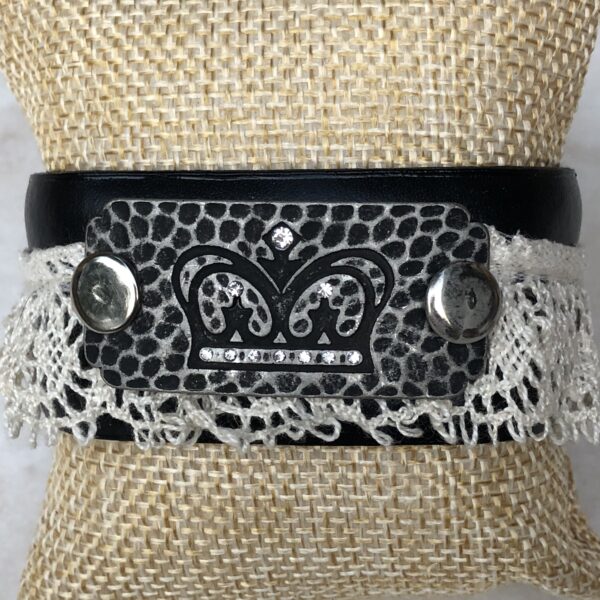 Black Leather Cuff with Lace and Pewter Crown