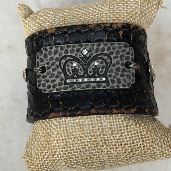 Black Leather Cuff with Pewter Crown - Image 2