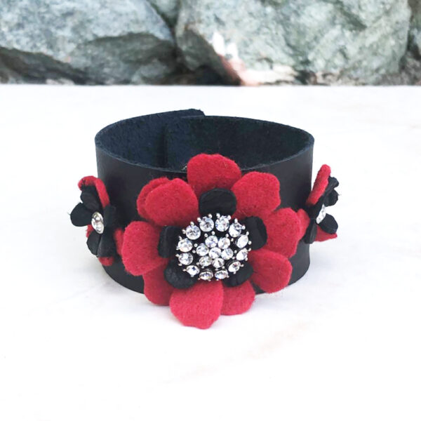 Red Felt and Black Leather Triple Flower Cuff - Image 4