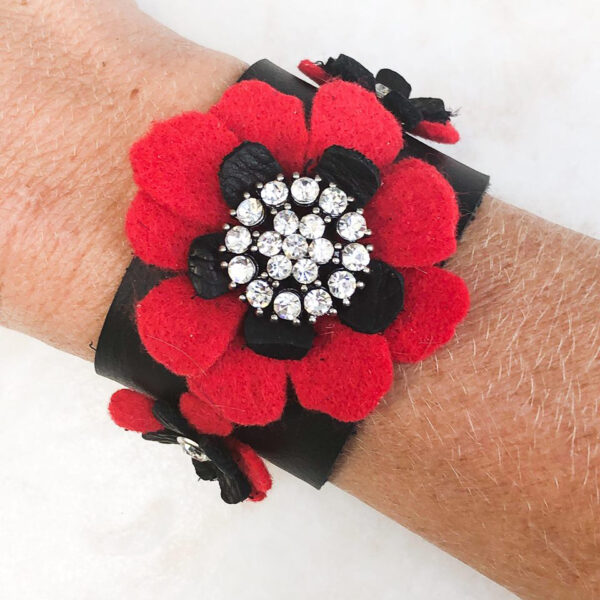 Red Felt and Black Leather Triple Flower Cuff - Image 3