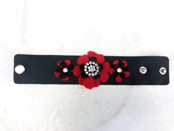 Red Felt and Black Leather Triple Flower Cuff - Image 2