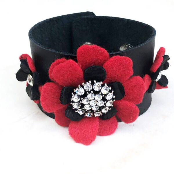 Red Felt and Black Leather Triple Flower Cuff