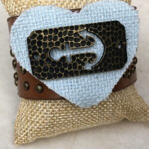 Brown Leather Cuff with Blue Heart and Bronze Anchor