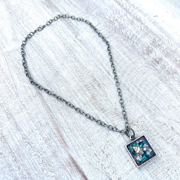 Pewter Necklace with Teal and Pink Shell Resin Pendant