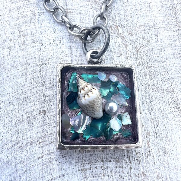 Pewter Necklace with Teal and Pink Shell Resin Pendant - Image 2