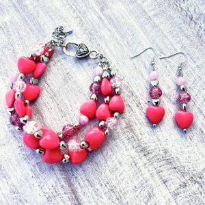 Salmon Turquoise Heart and Cracked Glass Bracelet & Earrings Set