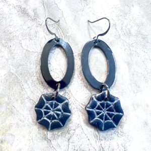 Gunmetal and Spiderweb Dangle Earrings