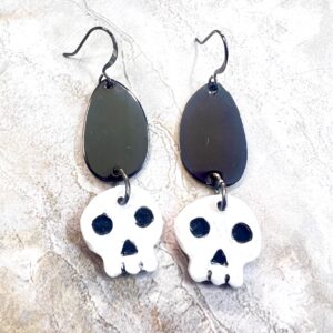 Clay Skull and Gunmetal Dangle Earrings