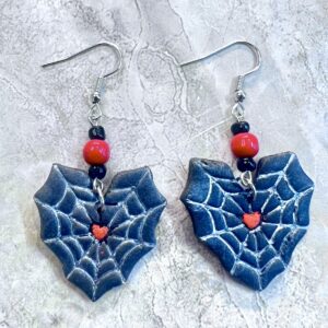 Black and Red Clay Heart Spiderweb Earrings