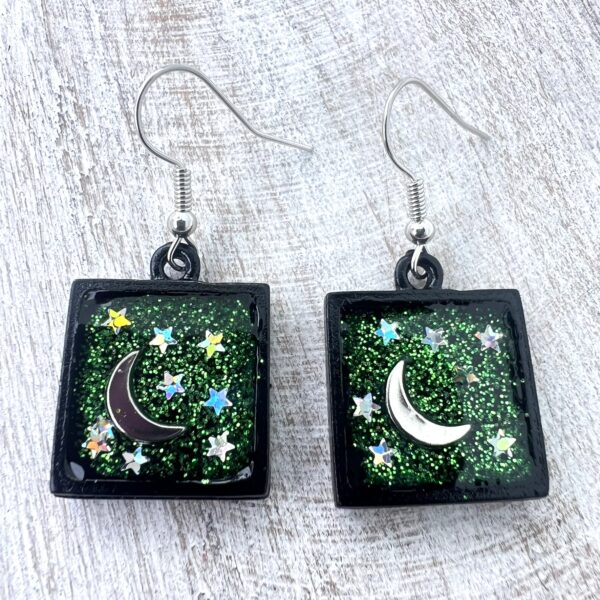 Green Glitter Moons and Stars Black Resin Earrings