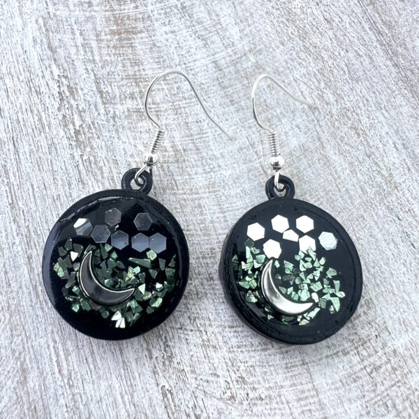 Green & Silver Glitter Moon Black Resin Earrings