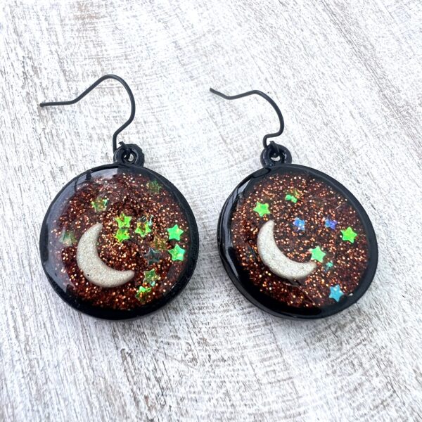 Orange Moon and Yellow Stars Black Resin Earrings