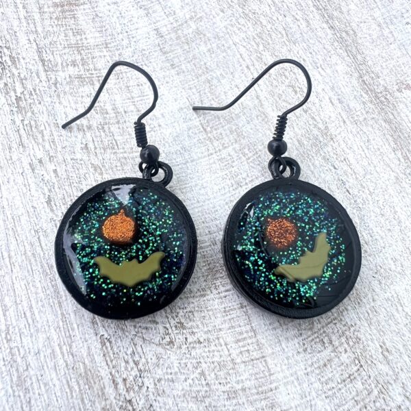 Green Bat and Pumpkin Black Resin Earrings