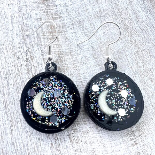 Silver Glitter Moon Black Resin Earrings