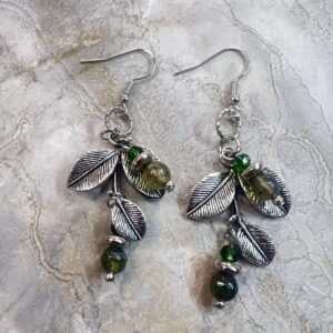 Green Dragon Agate and Green Leaf Dangle Earrings