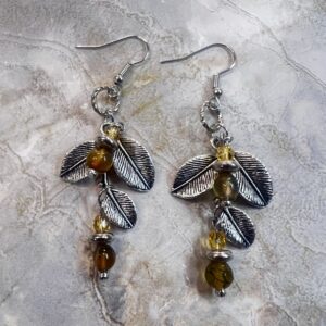 Green Dragon Agate and Gold Leaf Dangle Earrings