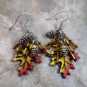 Pinecone, Gold Bugle and Wood Leaf Dangle Earrings