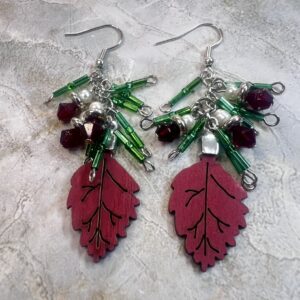 Red, Pearl and Green Bugle Wood Leaf Dangle Earrings