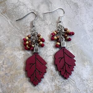 Red and Gold Seed Bead and Wood Leaf Dangle Earrings