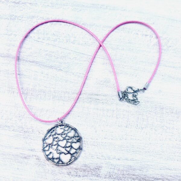 Pink Metal Circle Heart Cord Necklace