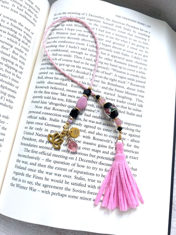 Black Flower Handblown Glass and Pink Tassel Lotus Flower "I Love You" Beaded Bookmark
